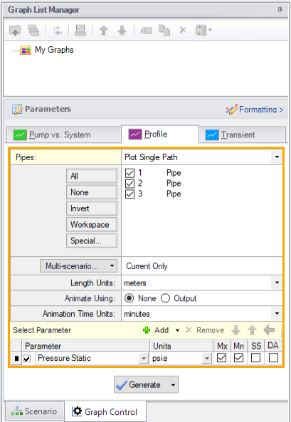 The Graphing Panel in the Quick Access Panel. The options are selected to generate a plot for maximum and minimum static pressure along 3 pipes.